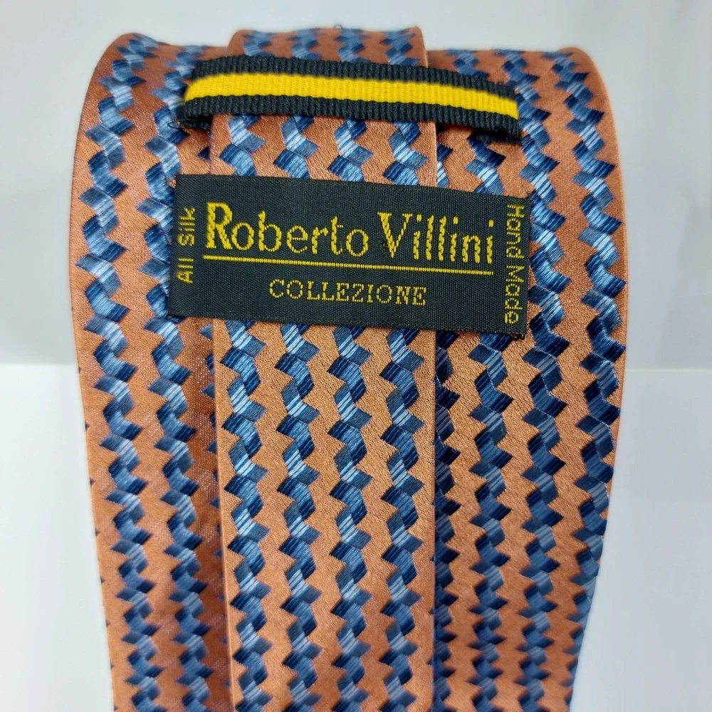 Roberto Villini Collezione Necktie Copper‎ Blue Geometric 100% Silk Handmade Tie